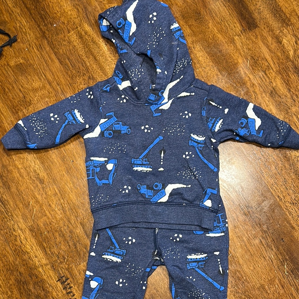Blue Construction Print Baby Hoodie and Pants Set